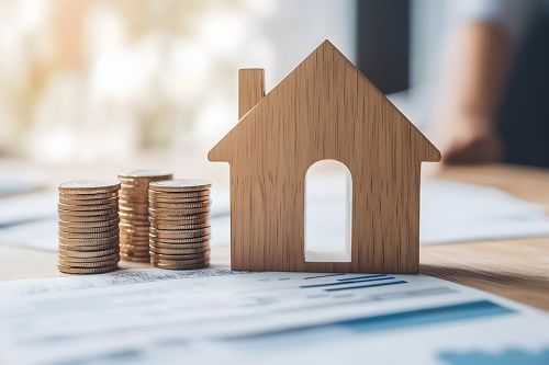 Münzen und Holzhaus